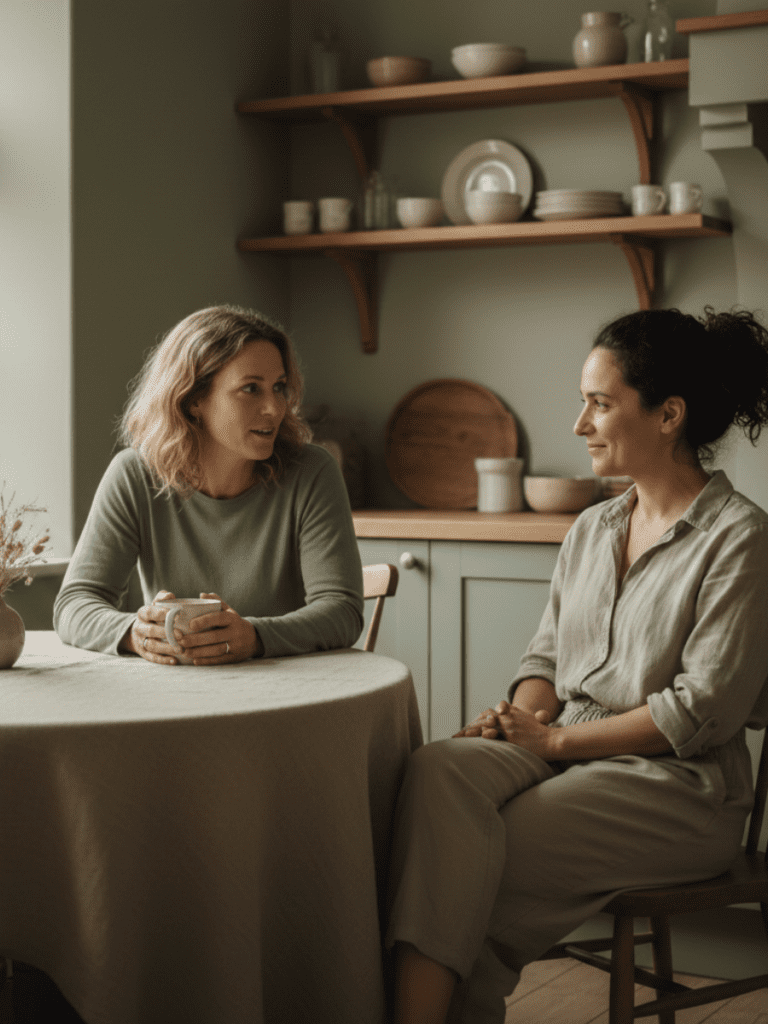 A warm, grounded lifestyle image of two women in their 30s–40s sitting together in a calm, supportive setting (kitchen table, couch, or walking outdoors). Their body language is open and relaxed — one listening, one speaking — conveying connection, safety, and shared presence. Natural light, neutral tones (beige, soft sage, warm gray), editorial photography style. Emotion conveyed: support, co-regulation, calm progress.