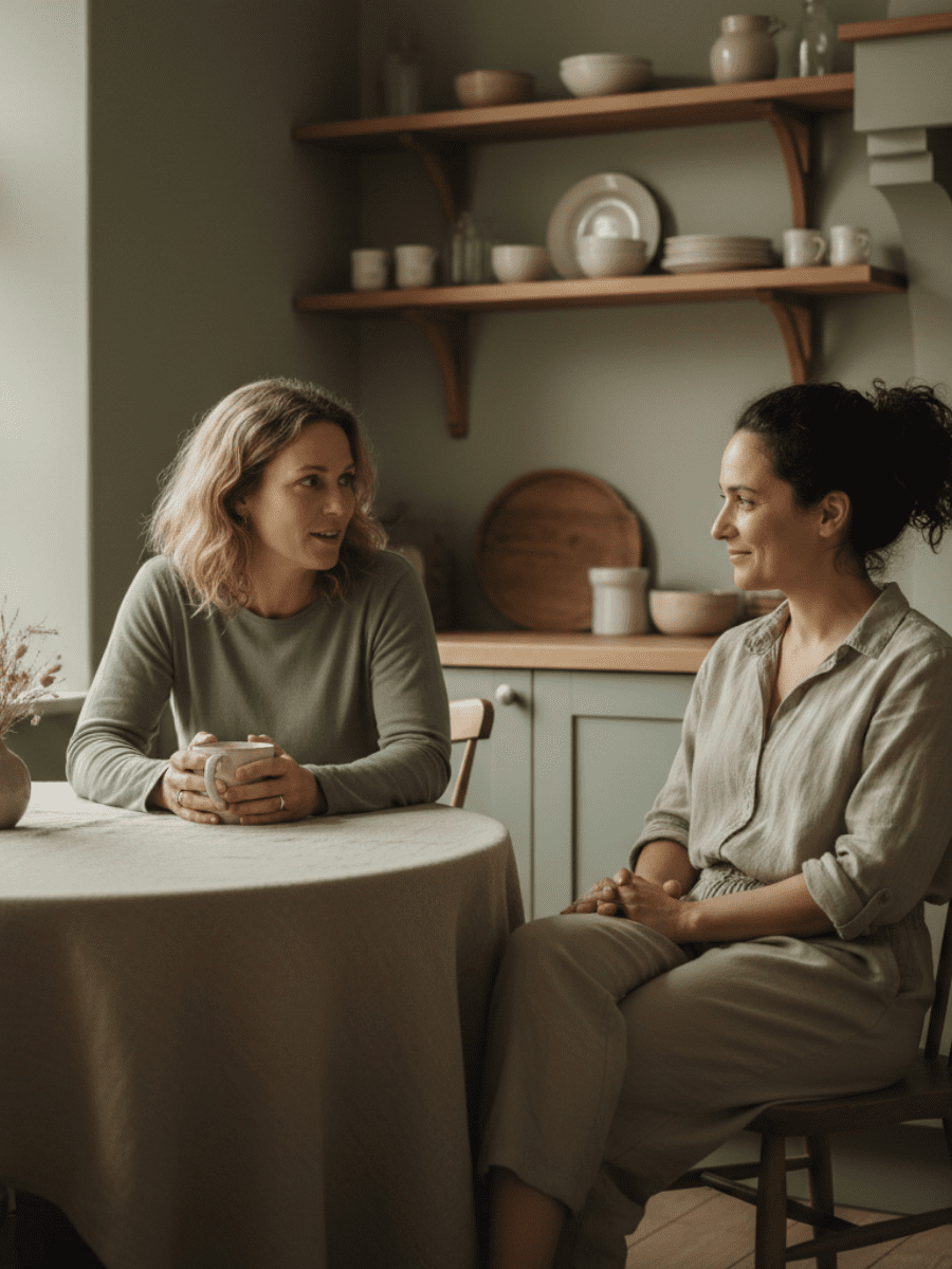 A warm, grounded lifestyle image of two women in their 30s–40s sitting together in a calm, supportive setting (kitchen table, couch, or walking outdoors). Their body language is open and relaxed — one listening, one speaking — conveying connection, safety, and shared presence. Natural light, neutral tones (beige, soft sage, warm gray), editorial photography style. Emotion conveyed: support, co-regulation, calm progress.