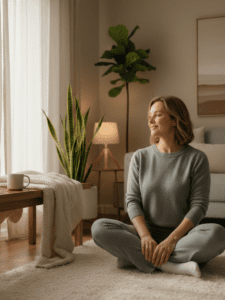 A calm, modern wellness scene featuring a woman in her late 30s–40s sitting near a softly lit bedroom or living space during early morning or evening light. She appears thoughtful and grounded, not stressed — relaxed posture, gentle expression — conveying reflection rather than exhaustion. The environment is minimal and warm with neutral tones (soft beige, muted sage, warm gray). Subtle cues suggest rest and balance: natural light filtering through curtains, a cozy throw blanket, or a bedside lamp. No scales, no food, no workout imagery. The overall mood feels steady, compassionate, and intelligent — representing the connection between sleep, stress hormones, and metabolism without urgency or shame.