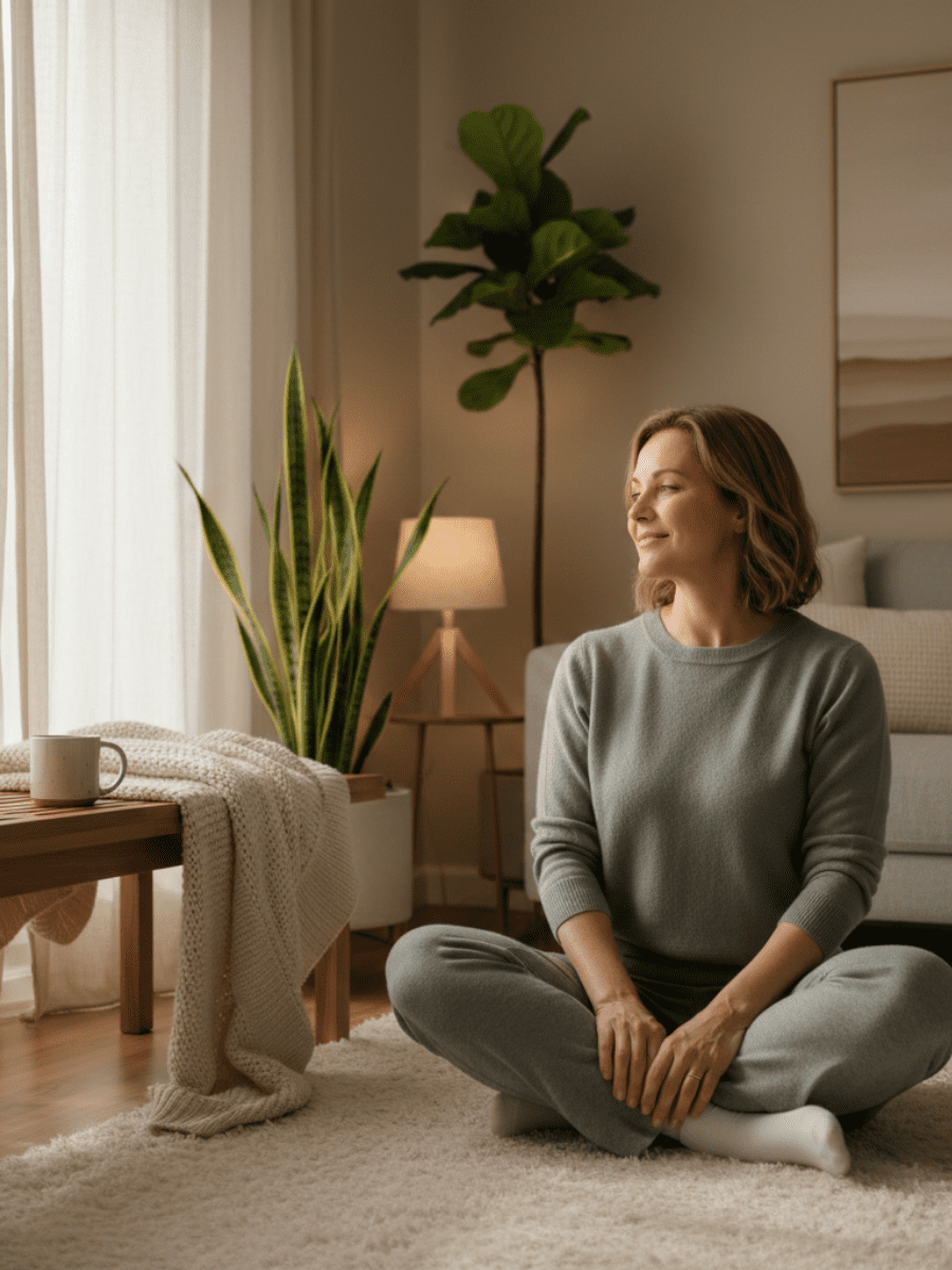 A calm, modern wellness scene featuring a woman in her late 30s–40s sitting near a softly lit bedroom or living space during early morning or evening light. She appears thoughtful and grounded, not stressed — relaxed posture, gentle expression — conveying reflection rather than exhaustion. The environment is minimal and warm with neutral tones (soft beige, muted sage, warm gray). Subtle cues suggest rest and balance: natural light filtering through curtains, a cozy throw blanket, or a bedside lamp. No scales, no food, no workout imagery. The overall mood feels steady, compassionate, and intelligent — representing the connection between sleep, stress hormones, and metabolism without urgency or shame.