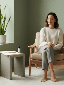 A calm, modern wellness scene featuring a confident woman in her late 30s–40s seated near a window with soft natural light. She looks thoughtful and grounded, not stressed, with relaxed posture and a neutral expression that conveys awareness rather than worry. Subtle clinical-meets-wellness elements are present — a minimal notebook or lab-style paper on a table, gentle greenery, clean neutral tones (warm beige, soft sage, muted gray). The overall feeling is clarity and calm, reflecting immune balance, inflammation awareness, and thoughtful health guidance — not fear or urgency.
