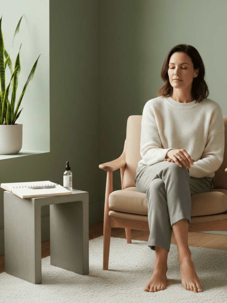 A calm, modern wellness scene featuring a confident woman in her late 30s–40s seated near a window with soft natural light. She looks thoughtful and grounded, not stressed, with relaxed posture and a neutral expression that conveys awareness rather than worry. Subtle clinical-meets-wellness elements are present — a minimal notebook or lab-style paper on a table, gentle greenery, clean neutral tones (warm beige, soft sage, muted gray). The overall feeling is clarity and calm, reflecting immune balance, inflammation awareness, and thoughtful health guidance — not fear or urgency.