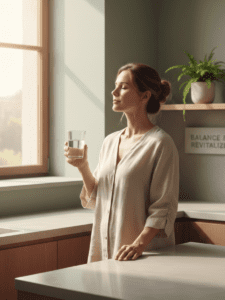 A calm, modern wellness image featuring a woman in her late 30s–40s standing near a bright window with soft natural light. She appears grounded and refreshed, holding a glass of water or resting her hand on a kitchen counter. The space is clean and minimal with neutral tones (soft beige, sage green, warm gray). Subtle cues of balance and health — no medical equipment, no stress imagery. The overall mood feels steady, intelligent, and reassuring, representing hydration, electrolyte balance, and kidney health without urgency or fear.