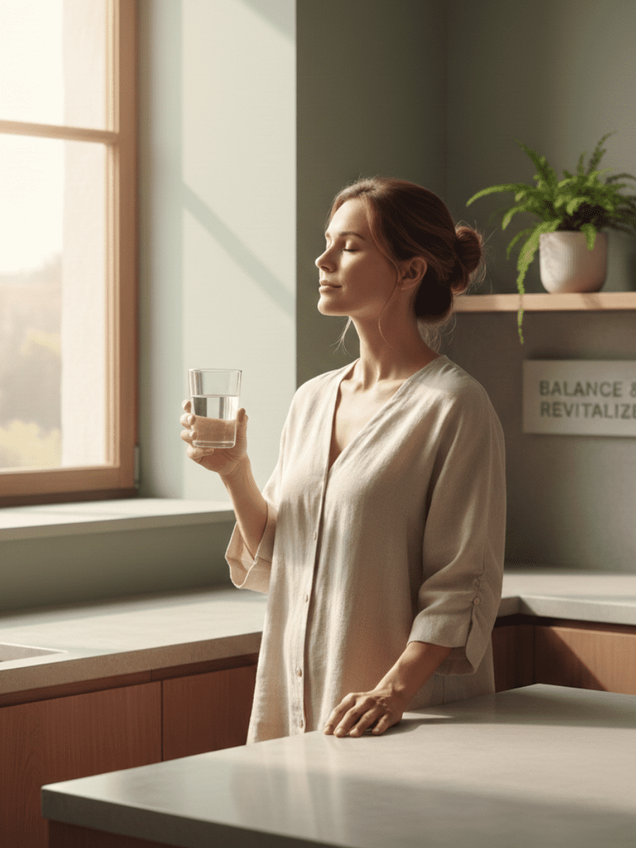 A calm, modern wellness image featuring a woman in her late 30s–40s standing near a bright window with soft natural light. She appears grounded and refreshed, holding a glass of water or resting her hand on a kitchen counter. The space is clean and minimal with neutral tones (soft beige, sage green, warm gray). Subtle cues of balance and health — no medical equipment, no stress imagery. The overall mood feels steady, intelligent, and reassuring, representing hydration, electrolyte balance, and kidney health without urgency or fear.