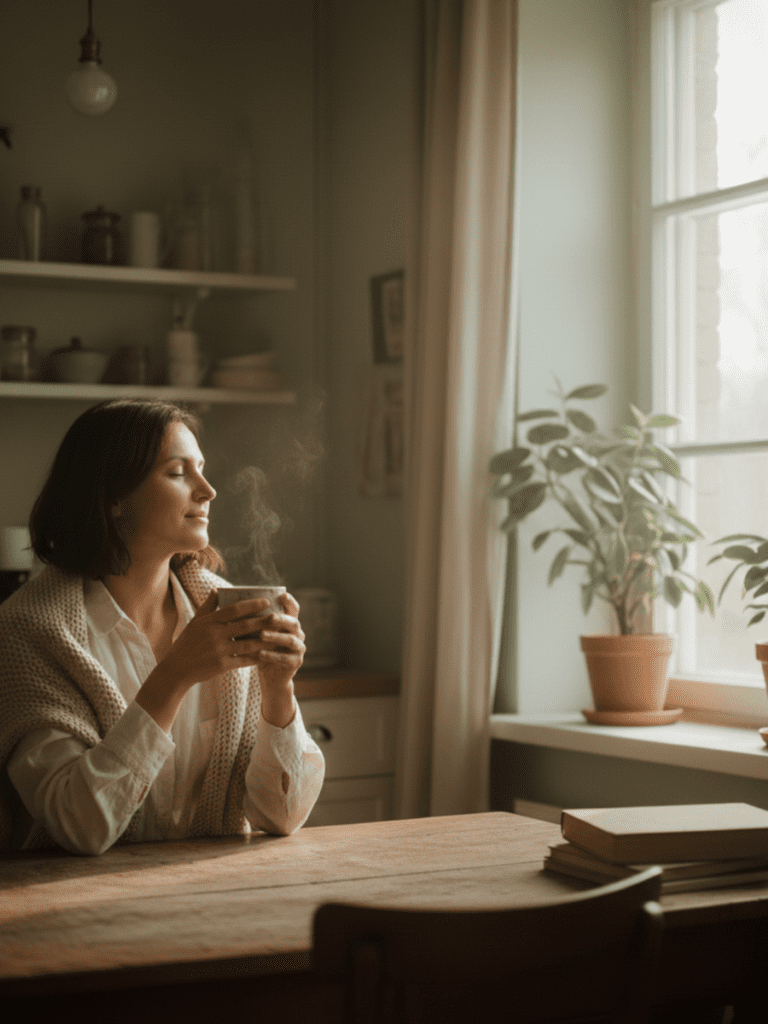A calm, realistic lifestyle image of a woman in her 30s–40s in the early morning light, moving slowly and intentionally — sitting at a kitchen table with a mug, standing near a window, or stretching gently. The scene feels quiet, lived-in, and imperfect. Warm neutral tones (cream, beige, soft sage, muted taupe). Natural morning light, editorial photography style with shallow depth of field. Emotion conveyed: calm regulation, presence, starting the day without pressure.