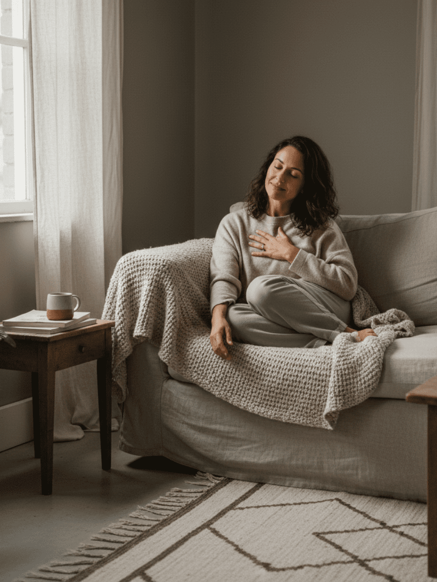 A calm, realistic lifestyle image of a woman in her 30s–40s resting in a grounded, intentional way — sitting by a window, lying on a couch with a blanket, or resting outside in natural light. Her posture is relaxed but present, eyes soft or gently closed, not dissociated or distracted. The setting feels safe, quiet, and lived-in. Neutral, earthy tones (beige, soft sage, warm gray). Editorial photography style. Emotion conveyed: regulated rest, self-trust, calm presence.