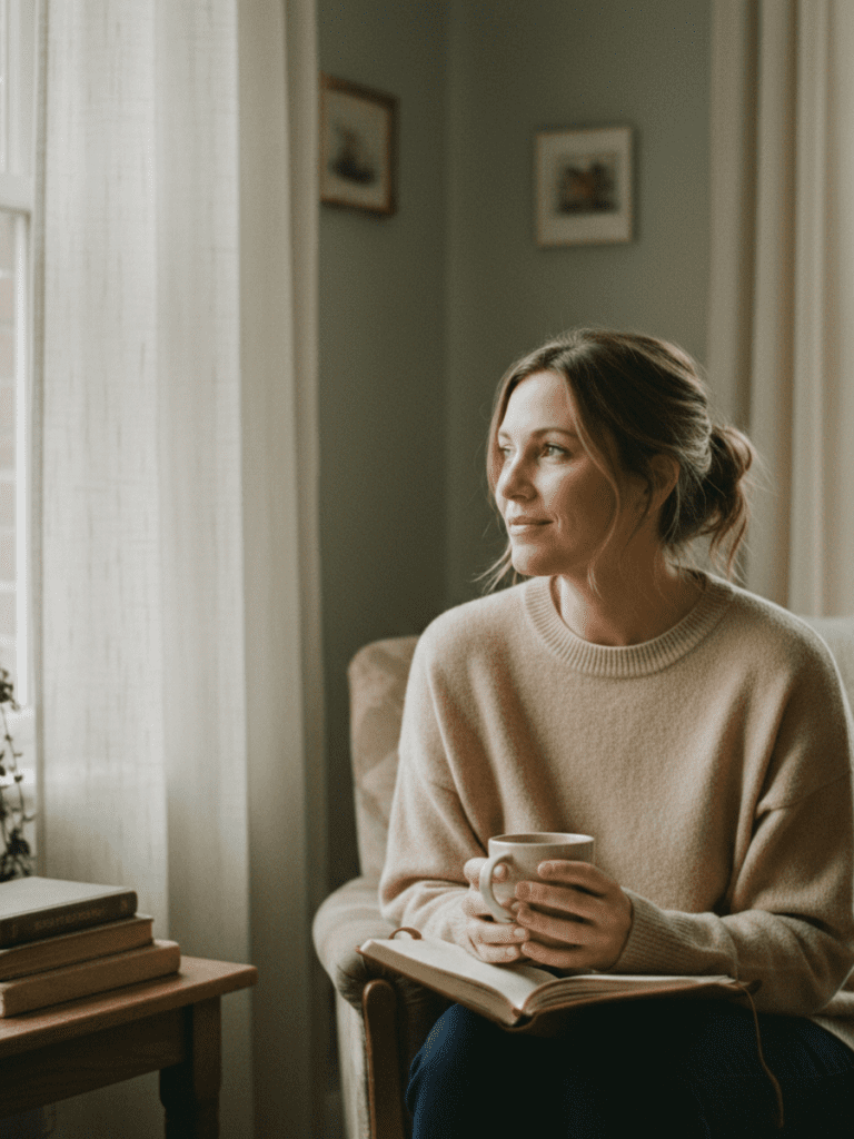 A calm, thoughtful lifestyle image of a woman in her 30s–40s sitting quietly with a journal or coffee, looking reflective rather than distressed. She appears steady but contemplative — as if realizing something important. Soft natural light through a window, neutral tones (warm beige, soft gray, muted sage). The environment feels lived-in and real, not staged. Editorial photography style. Emotion conveyed: clarity, readiness, gentle realization.