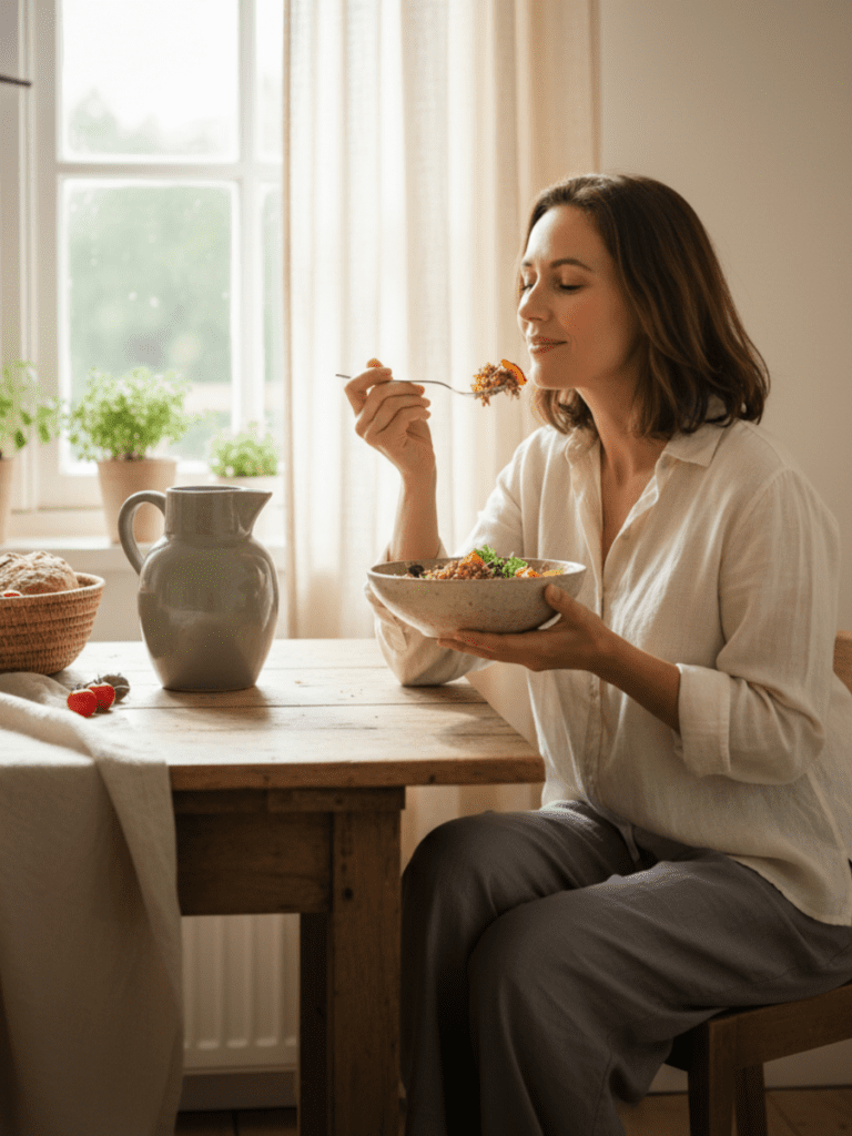 A calm, natural lifestyle image of a woman in her 30s–40s preparing or eating a simple, nourishing meal in a relaxed, unhurried way. She appears grounded and at ease — not performing or tracking. The setting feels real and lived-in: soft morning or afternoon light, neutral tones (cream, beige, muted sage), natural textures (wood, ceramic, linen). Emotion conveyed: trust, calm, nourishment without pressure. Editorial photography style.
