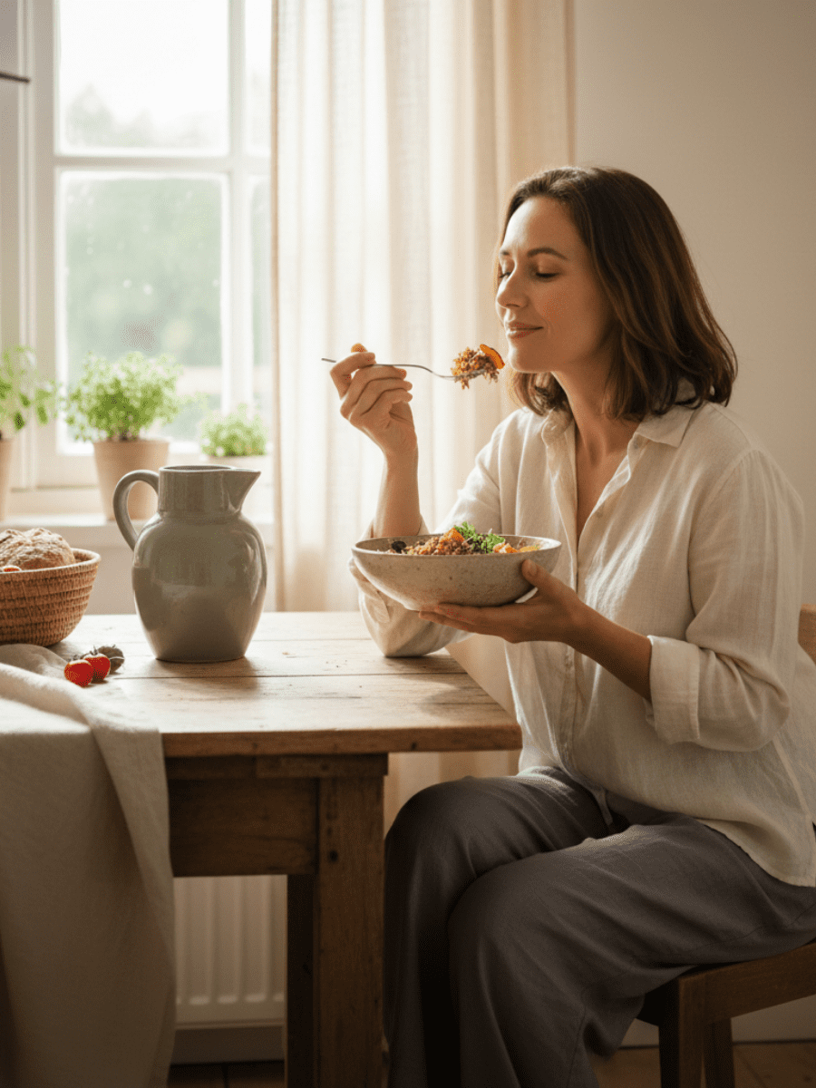 A calm, natural lifestyle image of a woman in her 30s–40s preparing or eating a simple, nourishing meal in a relaxed, unhurried way. She appears grounded and at ease — not performing or tracking. The setting feels real and lived-in: soft morning or afternoon light, neutral tones (cream, beige, muted sage), natural textures (wood, ceramic, linen). Emotion conveyed: trust, calm, nourishment without pressure. Editorial photography style.