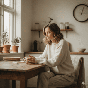 A warm, natural lifestyle image of a woman in her 30s–40s sitting peacefully at a kitchen table near soft window light, holding a cup of coffee or tea, looking thoughtful and calm rather than posed. The environment feels safe, minimal, and lived-in — neutral tones, soft textures, gentle morning atmosphere. Expression relaxed and reflective, symbolizing self-trust and internal listening. No diet imagery, no measuring tools, no fitness cues. Editorial wellness photography style, soft depth of field, warm natural color grading, authentic and emotionally grounded mood.