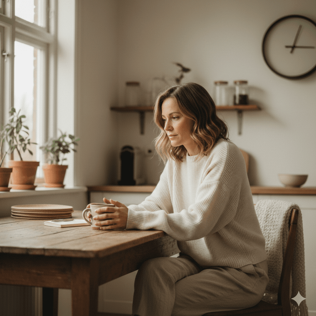 A warm, natural lifestyle image of a woman in her 30s–40s sitting peacefully at a kitchen table near soft window light, holding a cup of coffee or tea, looking thoughtful and calm rather than posed. The environment feels safe, minimal, and lived-in — neutral tones, soft textures, gentle morning atmosphere. Expression relaxed and reflective, symbolizing self-trust and internal listening. No diet imagery, no measuring tools, no fitness cues. Editorial wellness photography style, soft depth of field, warm natural color grading, authentic and emotionally grounded mood.