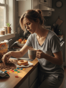 A realistic photo of a woman in her 30s–40s standing in her kitchen or sitting at a table, looking tired while reaching for a snack, coffee, or sugary food. Her expression reflects energy depletion or cravings rather than indulgence. Natural daylight, lived-in home setting, warm neutral tones. The mood should convey energy crashes and blood sugar instability — functioning but depleted, seeking quick fuel.
