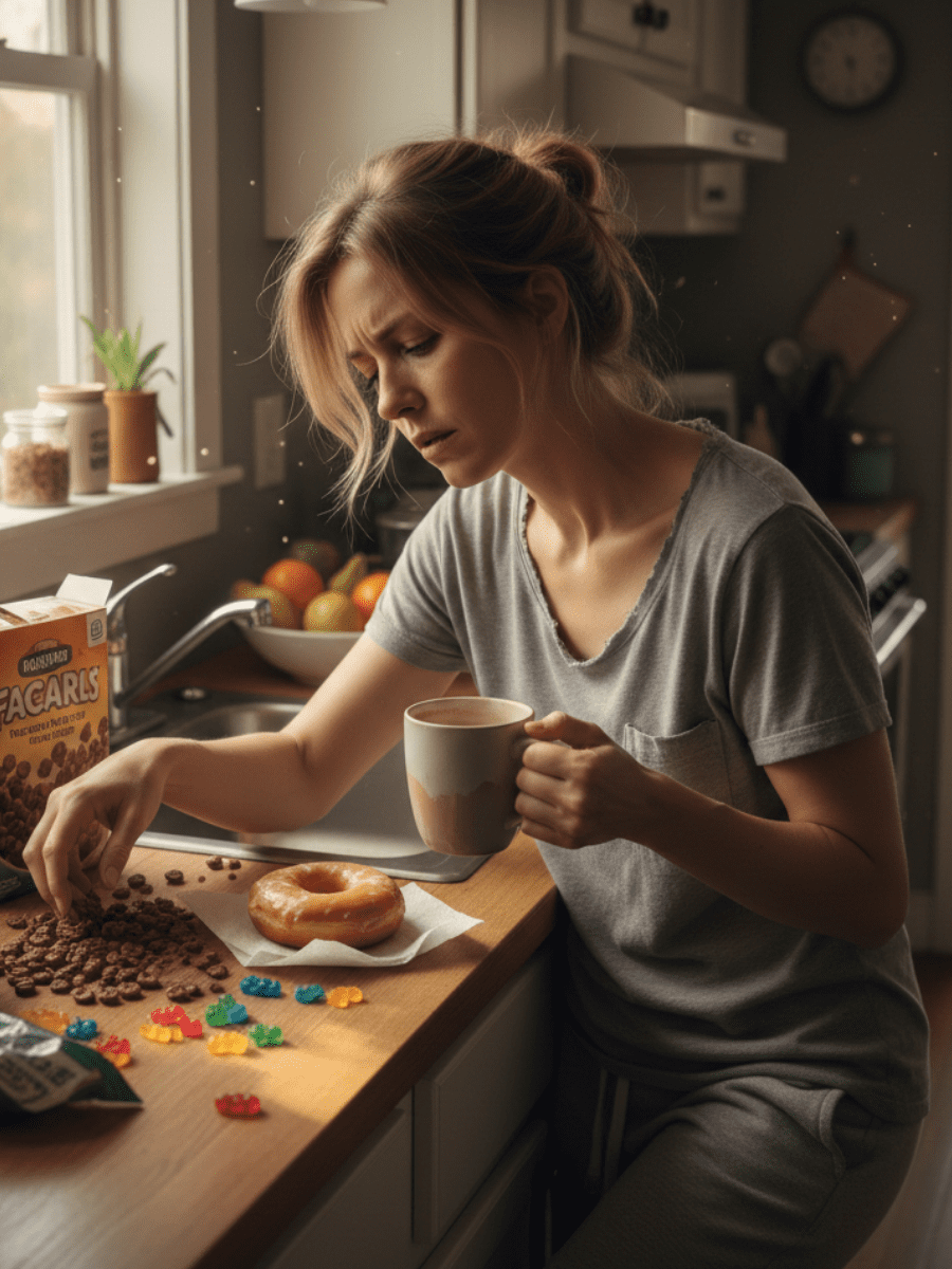 A realistic photo of a woman in her 30s–40s standing in her kitchen or sitting at a table, looking tired while reaching for a snack, coffee, or sugary food. Her expression reflects energy depletion or cravings rather than indulgence. Natural daylight, lived-in home setting, warm neutral tones. The mood should convey energy crashes and blood sugar instability — functioning but depleted, seeking quick fuel.