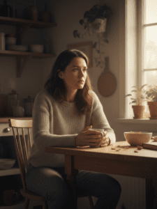 A realistic photo of a woman in her 30s–40s sitting alone in a quiet home setting (kitchen table, couch, or bedroom) in soft evening light. She appears emotionally and physically tired but composed — shoulders slightly slumped, thoughtful expression, holding a mug or resting her hands in her lap. The environment feels lived-in and calm. Lighting is warm and natural, not dark or clinical. The mood conveys high-functioning burnout — still capable, but depleted beneath the surface.