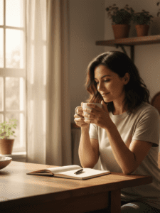 A grounded woman sitting calmly at a kitchen table in the early morning light, holding a warm mug in both hands. Her posture is steady and relaxed, eyes softly focused as if reflecting or journaling. The space around her is peaceful — minimal clutter, warm neutral tones, soft natural sunlight coming through a window. Her expression conveys calm authority and emotional steadiness rather than stress or urgency. The scene symbolizes choosing herself in small, embodied ways rather than dramatic change. Style: lifestyle photography, warm editorial wellness aesthetic, soft depth of field, nervous system calm atmosphere.