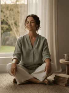 A calm, grounded lifestyle image of a woman in her 30s–40s sitting quietly near a window or outdoors in soft natural light. Her posture is relaxed, not posed — conveying steadiness, safety, and presence rather than productivity. Neutral tones (beige, warm gray, soft sage). Editorial photography style. Emotion: calm consistency, staying instead of pushing.