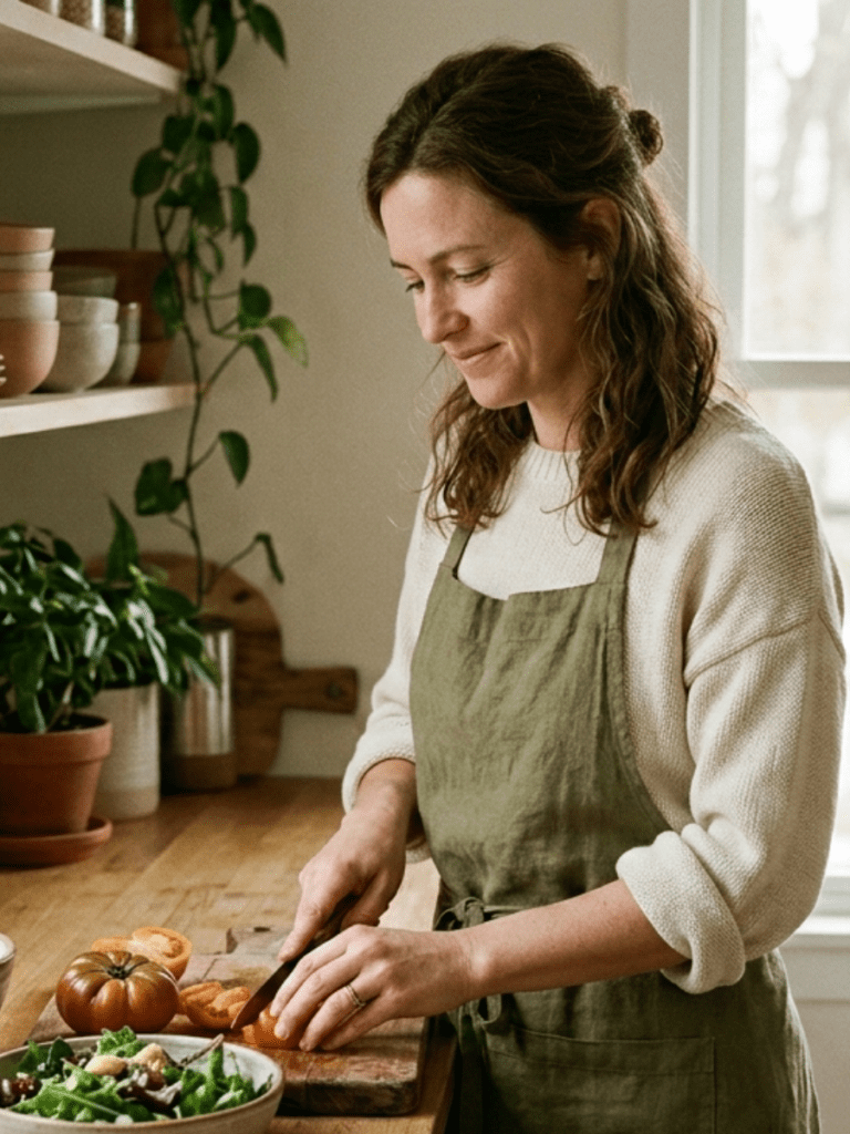 A warm, natural lifestyle image of a woman in her late 30s–40s preparing a simple nourishing meal in a softly lit home kitchen. She appears calm and present rather than focused on dieting or perfection. Natural window light, neutral earthy tones, minimal clutter, relaxed posture, candid editorial photography style. The mood communicates self-trust, embodiment, and peaceful routine rather than weight loss effort. No measuring tools, scales, or fitness imagery. Authentic wellness photography aesthetic with shallow depth of field and soft cinematic lighting.
