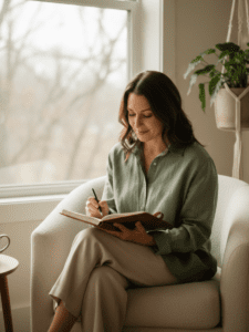 A calm, lifestyle image of a woman in her 30s–40s completing a simple daily habit in a grounded, relaxed way — such as taking a quiet walk, pouring water into a glass, or journaling near a window. Her posture is steady and unhurried. Natural lighting, soft neutral tones (beige, sage green, warm gray). Editorial photography style. Emotion conveyed: calm follow-through, self-trust, regulated consistency.