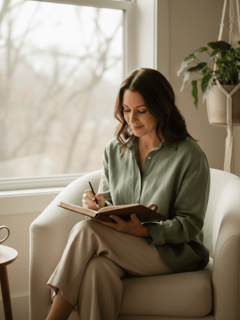 A calm, lifestyle image of a woman in her 30s–40s completing a simple daily habit in a grounded, relaxed way — such as taking a quiet walk, pouring water into a glass, or journaling near a window. Her posture is steady and unhurried. Natural lighting, soft neutral tones (beige, sage green, warm gray). Editorial photography style. Emotion conveyed: calm follow-through, self-trust, regulated consistency.