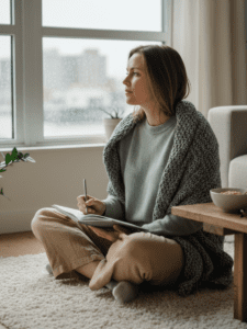 A calm, grounded lifestyle image of a woman in her 30s–40s in a real-life setting that shows adaptation, not perfection — for example, preparing a simple meal, taking a short walk, or journaling during a quiet moment. Her posture is relaxed, not posed. Natural light, neutral tones (beige, soft sage, warm gray). Editorial photography style. Emotion conveyed: steadiness, flexibility, resilience, staying connected during a hard week.