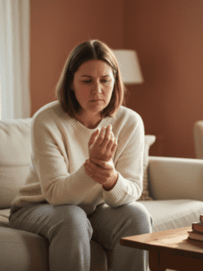 A realistic, relatable photo of a woman in her 30s–40s sitting on a couch or bed in soft natural light, gently holding her knee, shoulder, or hands with a thoughtful, uncomfortable expression. She appears swollen or stiff but not injured. The setting is a calm home environment — lived-in, warm tones. The mood conveys chronic discomfort, puffiness, or inflammation rather than acute pain. No medical equipment, no clinical setting, no dramatic expressions.