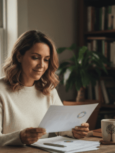 A realistic photo of a woman in her 30s–40s sitting at a table in soft natural daylight reviewing printed lab results or paperwork with a calm, thoughtful expression. She appears focused and reflective rather than worried. A coffee mug or notebook sits nearby, creating a grounded, everyday setting. The environment feels warm and approachable, not clinical. The mood conveys understanding and insight — someone beginning to make sense of complex information.