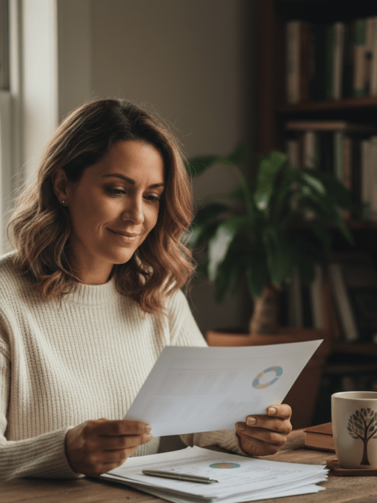 A realistic photo of a woman in her 30s–40s sitting at a table in soft natural daylight reviewing printed lab results or paperwork with a calm, thoughtful expression. She appears focused and reflective rather than worried. A coffee mug or notebook sits nearby, creating a grounded, everyday setting. The environment feels warm and approachable, not clinical. The mood conveys understanding and insight — someone beginning to make sense of complex information.
