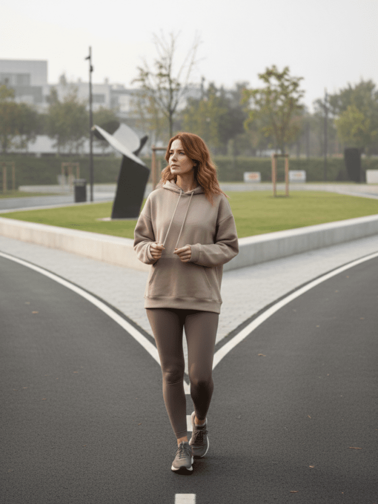 A grounded, reflective image of a woman in her 30s–40s standing at a fork in a quiet path or trail, pausing but not turning back. Her posture is calm yet thoughtful, symbolizing transition and identity shift. Soft natural lighting, muted neutral tones (sage green, beige, warm gray). Editorial photography style. Emotion conveyed: vulnerability, choice, staying steady during change.
