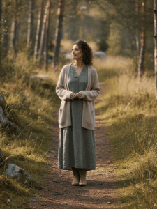 A calm, reflective lifestyle image of a woman in her 30s–40s standing on a quiet walking path or nature trail, pausing but not turning back. Her posture is relaxed, thoughtful, steady — symbolizing reflection rather than stagnation. Natural lighting, soft neutral tones (sage green, beige, warm gray). Editorial photography style. Emotion conveyed: quiet progress, patience, integration.