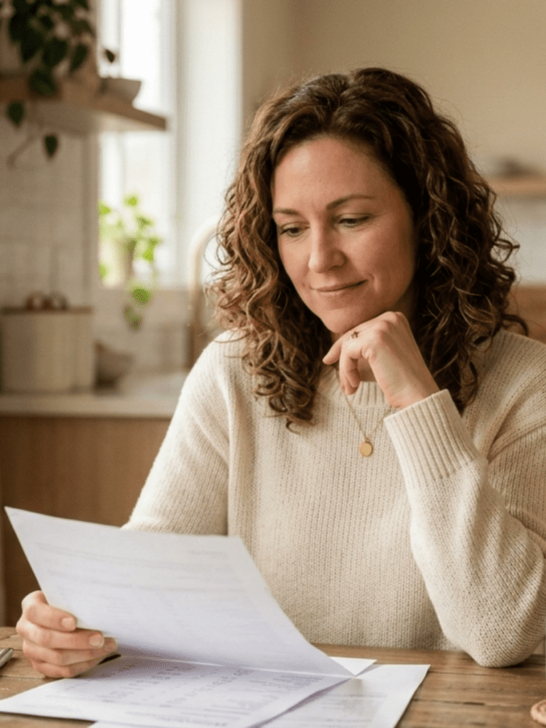 A softly lit, natural lifestyle image of a woman in her late 30s to early 50s sitting at a kitchen table reviewing printed lab results with a thoughtful but calm expression. Morning window light creates a warm, reassuring atmosphere. A coffee mug sits nearby, suggesting a real-life moment rather than a medical setting. The environment feels clean, neutral, and peaceful with soft beige or warm cream tones. The woman appears reflective and empowered rather than worried, representing curiosity and understanding about her health. Minimal visual clutter, modern lifestyle aesthetic, shallow depth of field, warm natural colors.