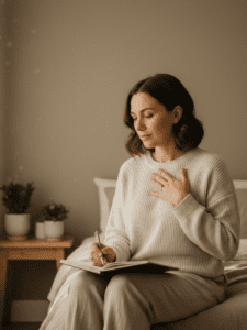 A woman sitting on the edge of her bed in soft natural light during early morning. She looks reflective but calm, not distressed. One hand rests over her heart, the other gently holding a journal. The room is softly lit with warm neutral tones. The atmosphere feels grounded and steady — not dramatic. The image symbolizes emotional repair, self-trust, and staying with oneself after a difficult moment. Lifestyle editorial photography, warm tones, shallow depth of field, nervous system calm aesthetic.