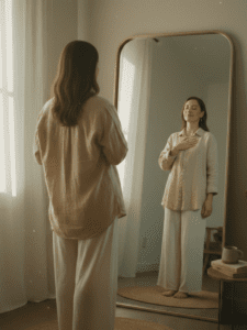 A calm, reflective woman standing in front of a mirror, gently resting her hand over her heart, making soft eye contact with her reflection. Her expression is peaceful and grounded rather than critical or performative. The setting is warm and softly lit — natural morning light coming through a window, creating a serene and regulated atmosphere. The space around her is simple and uncluttered, symbolizing emotional clarity and self-trust. Her posture feels relaxed yet steady, embodying quiet confidence and internal safety rather than force or perfectionism. Neutral, earthy tones — soft beige, warm whites, muted greens — reinforce nervous system calm. Style: lifestyle photography, emotionally intimate, realistic, soft depth of field, editorial wellness aesthetic.