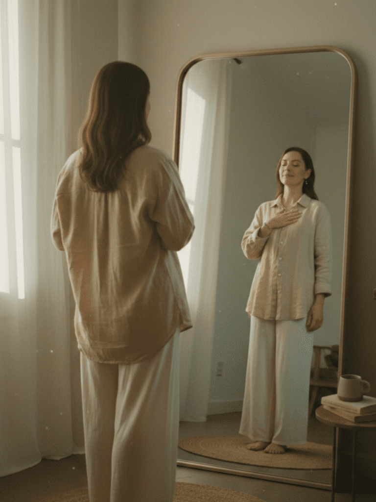 A calm, reflective woman standing in front of a mirror, gently resting her hand over her heart, making soft eye contact with her reflection. Her expression is peaceful and grounded rather than critical or performative. The setting is warm and softly lit — natural morning light coming through a window, creating a serene and regulated atmosphere. The space around her is simple and uncluttered, symbolizing emotional clarity and self-trust. Her posture feels relaxed yet steady, embodying quiet confidence and internal safety rather than force or perfectionism. Neutral, earthy tones — soft beige, warm whites, muted greens — reinforce nervous system calm. Style: lifestyle photography, emotionally intimate, realistic, soft depth of field, editorial wellness aesthetic.