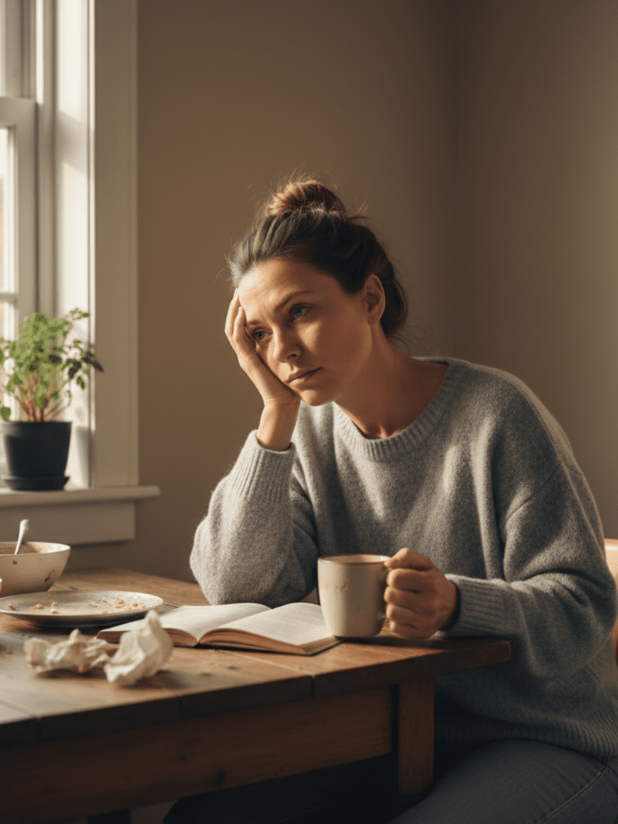 A realistic, relatable photo of a woman in her 30s–40s sitting on a couch or at a kitchen table in soft natural daylight, holding a coffee mug or resting her head in her hand. She looks physically drained but mentally alert — not asleep, not sick, just deeply fatigued. The setting should feel lived-in and calm, not clinical. Warm neutral tones, morning or late afternoon light. The mood conveys persistent exhaustion that rest hasn’t resolved.