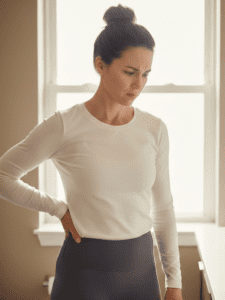 A realistic photo of a woman in her 30s–40s standing in her kitchen or bathroom looking at her reflection or a scale with a frustrated but thoughtful expression. She appears healthy and put together — athletic wear or casual clothing — but emotionally tired, not defeated. The lighting is soft natural daylight, home environment, warm neutral tones. The mood should convey “I’m doing everything right, so why isn’t my body responding?” No dramatic posing, no medical imagery, no diet culture visuals.