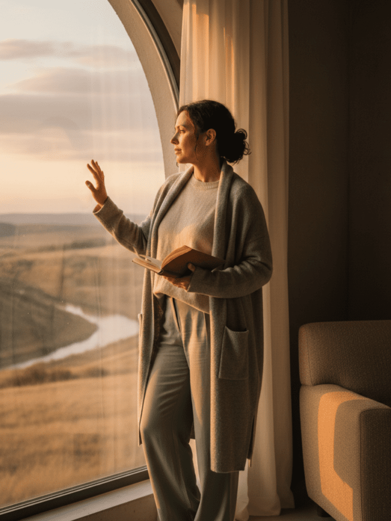 A reflective, grounded image of a woman in her 30s–40s standing by a window or outdoors at sunset, looking calm and thoughtful rather than discouraged. Soft natural light, neutral tones (beige, sage green, warm gray). Editorial photography style. Emotion conveyed: quiet growth, internal change, patience, identity consolidation.