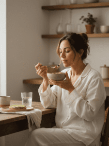 A woman sitting calmly at a kitchen table in soft natural morning light, eating slowly and peacefully. Her posture is relaxed, shoulders soft, expression neutral and grounded — not focused on dieting or restriction. The environment feels warm and safe: simple dishes, natural textures, neutral tones, minimal clutter. The scene conveys nourishment, trust, and emotional safety rather than performance or control. Lifestyle editorial photography style, soft depth of field, warm earthy color palette, nervous-system calming aesthetic.
