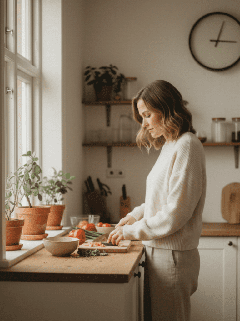 A warm, natural lifestyle image of a woman in her 30s–40s sitting peacefully at a kitchen table near soft window light, holding a cup of coffee or tea, looking thoughtful and calm rather than posed. The environment feels safe, minimal, and lived-in — neutral tones, soft textures, gentle morning atmosphere. Expression relaxed and reflective, symbolizing self-trust and internal listening. No diet imagery, no measuring tools, no fitness cues. Editorial wellness photography style, soft depth of field, warm natural color grading, authentic and emotionally grounded mood.