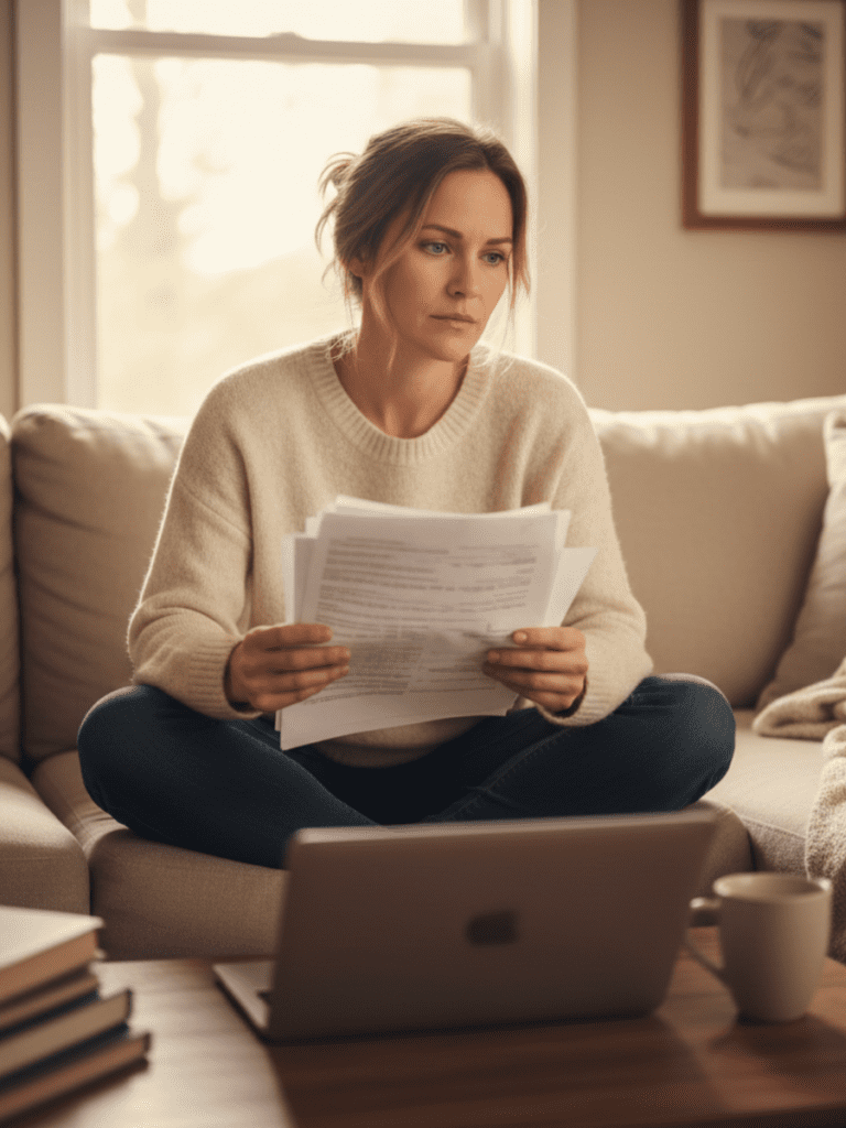 A calm, relatable photo of a woman in her 30s–40s sitting at a kitchen table or couch in soft natural daylight, holding lab paperwork or looking thoughtfully at a laptop. Her expression is tired but reflective — not distressed. The setting feels real and lived-in, not clinical. Neutral, warm tones. The image should convey confusion mixed with self-awareness, as if she knows something isn’t right even though everything “looks fine.” No medical equipment, no white coats, no dramatic poses. Quiet, human, grounded.