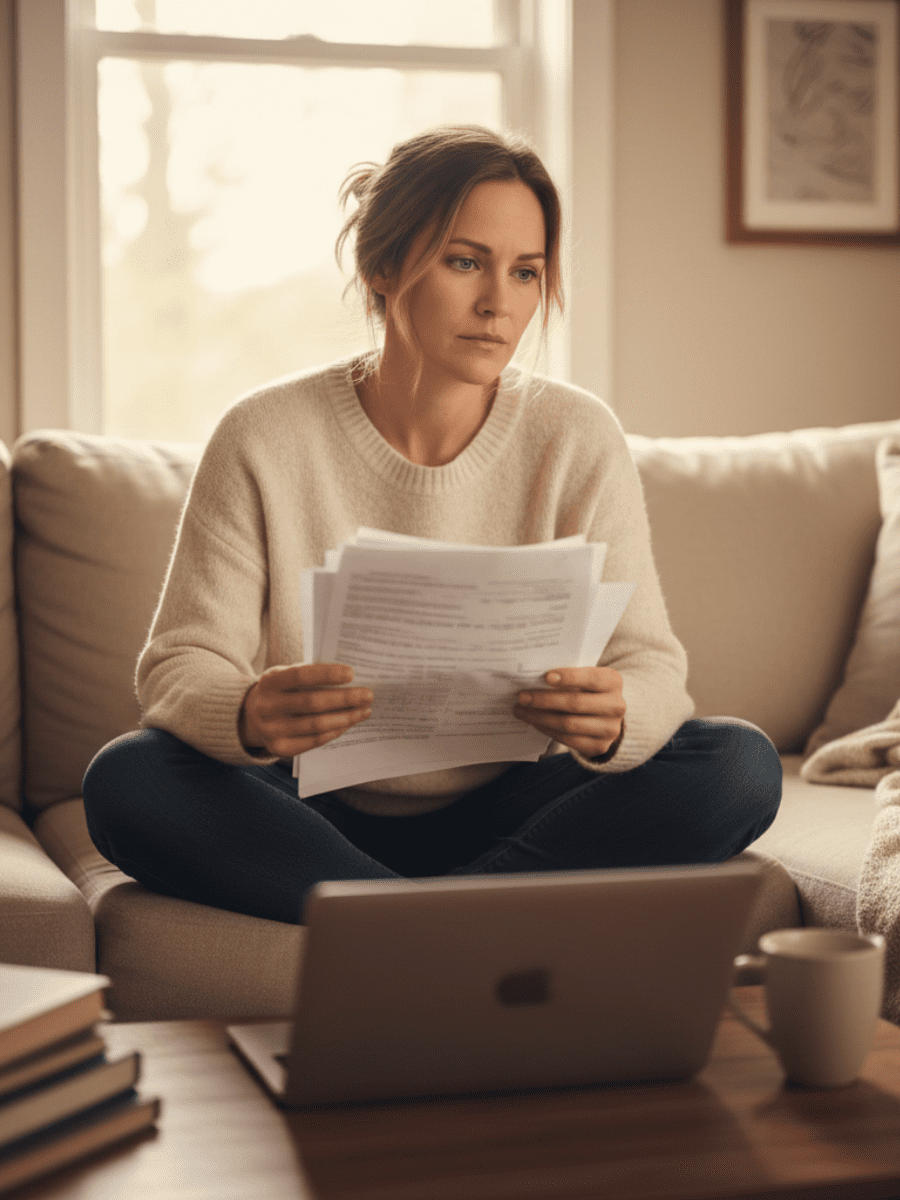 A calm, relatable photo of a woman in her 30s–40s sitting at a kitchen table or couch in soft natural daylight, holding lab paperwork or looking thoughtfully at a laptop. Her expression is tired but reflective — not distressed. The setting feels real and lived-in, not clinical. Neutral, warm tones. The image should convey confusion mixed with self-awareness, as if she knows something isn’t right even though everything “looks fine.” No medical equipment, no white coats, no dramatic poses. Quiet, human, grounded.