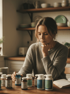 A realistic, relatable photo of a woman in her 30s–40s standing or sitting in a softly lit kitchen or bathroom space, looking thoughtfully at several supplement bottles spread on a counter. Her expression is calm but slightly overwhelmed or uncertain — not distressed, just tired of trying to figure things out. The setting feels lived-in and natural, with warm neutral tones and soft daylight. The mood conveys effort and confusion rather than illness, representing someone who has been actively trying to improve her health but feels stuck.