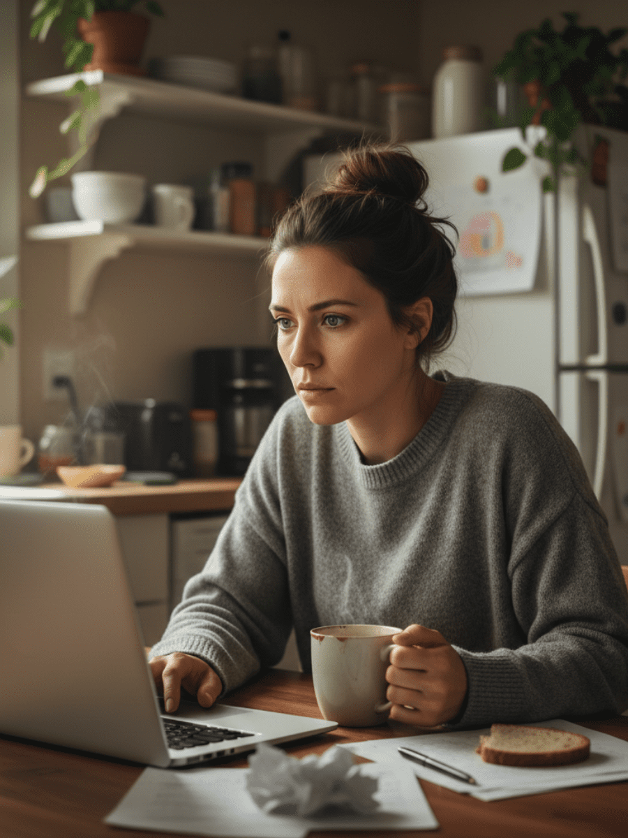 A realistic, relatable photo of a woman in her 30s–40s sitting at a kitchen table or working on a laptop early in the morning, looking exhausted but alert. There is a coffee cup nearby, soft natural window light, and a lived-in home environment. She appears mentally “on” but physically drained — eyes open but tired, posture slightly slumped. The mood should convey high-functioning fatigue, not crisis. Warm neutral tones, calm setting, no clinical or medical imagery.