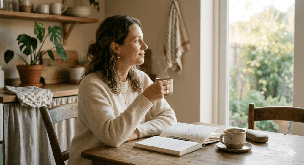 A warm, natural lifestyle photo of a woman in her late 30s–40s sitting at a kitchen table in early morning light with a journal and coffee. She looks calm and reflective rather than stressed. Soft neutral tones, cozy home environment, natural window light, editorial photography style with shallow depth of field. The scene communicates quiet continuity and self-reflection rather than starting over. Emotion: calm reset of perspective.