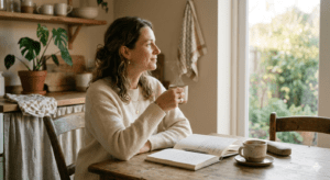 A warm, natural lifestyle photo of a woman in her late 30s–40s sitting at a kitchen table in early morning light with a journal and coffee. She looks calm and reflective rather than stressed. Soft neutral tones, cozy home environment, natural window light, editorial photography style with shallow depth of field. The scene communicates quiet continuity and self-reflection rather than starting over. Emotion: calm reset of perspective.