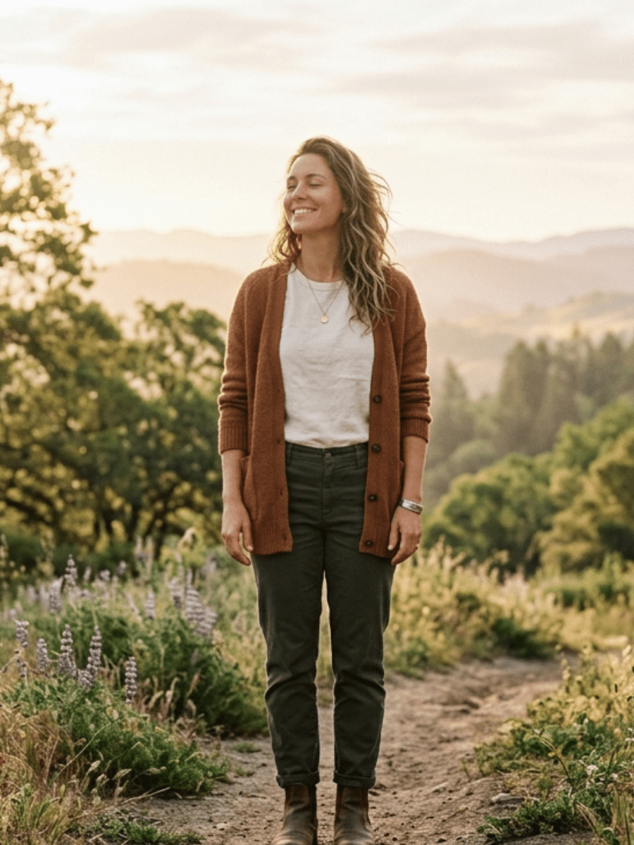 A confident woman standing outdoors in soft morning sunlight, relaxed posture, peaceful expression, hands loosely at her sides, natural environment, warm neutral colors, lifestyle photography style, calm and grounded energy, representing identity transformation and self-trust