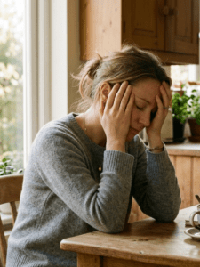Woman sitting at a kitchen table mid-afternoon, head in hands, soft natural light, coffee nearby