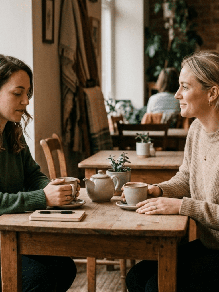 A natural lifestyle image of two women sitting across from each other at a table in soft natural window light, engaged in calm conversation. One woman appears thoughtful and reflective while the other listens attentively. Warm neutral tones, cozy setting, editorial photography style, shallow depth of field, relaxed posture, authentic emotional connection. No business suits or staged corporate feel — real, grounded, supportive interaction. Emotion: clarity + safety + calm perspective