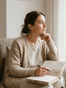 A woman sitting quietly with a thoughtful expression, journal in hand, soft morning light, calm home environment, neutral tones, reflective mood