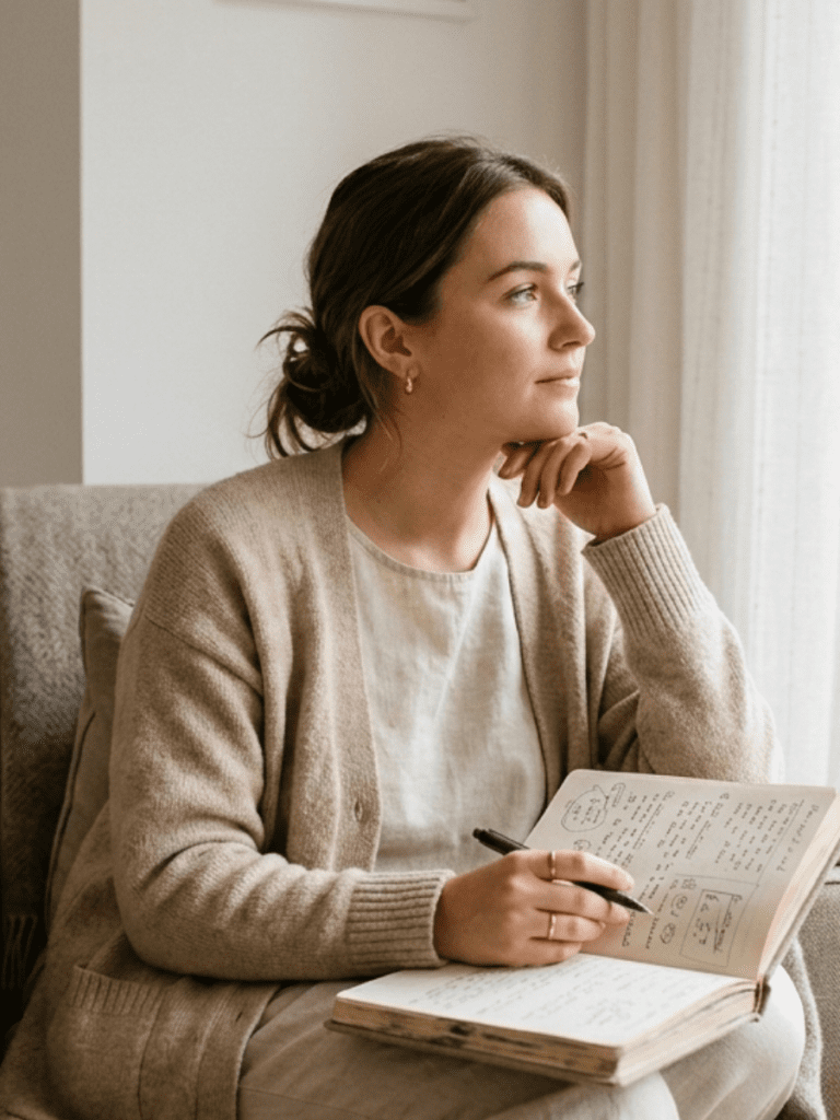 A woman sitting quietly with a thoughtful expression, journal in hand, soft morning light, calm home environment, neutral tones, reflective mood