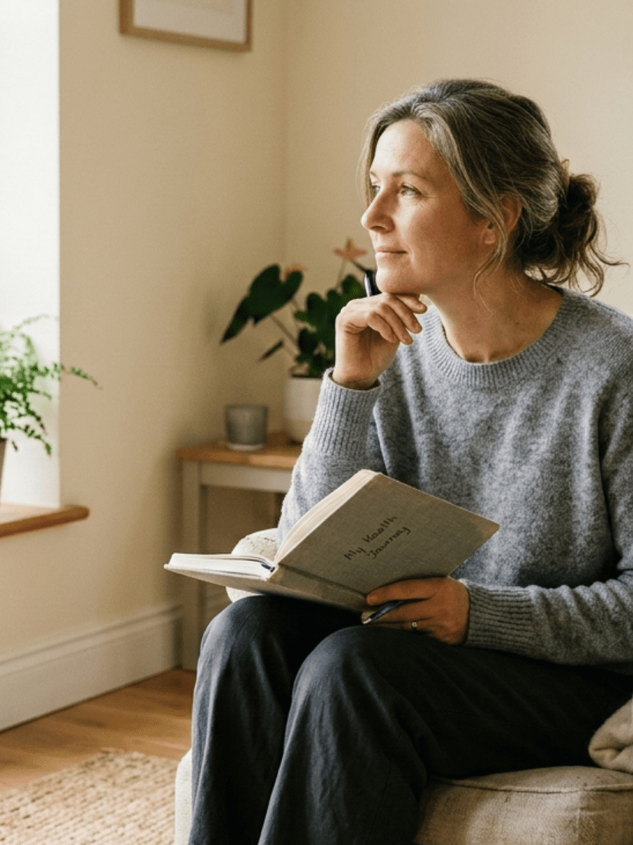 A warm, natural lifestyle image of a woman in her late 30s to early 50s sitting quietly near a window with soft morning light, holding a notebook or papers as if reflecting on her health journey. Her expression is thoughtful and calm rather than distressed. The setting feels peaceful and real-life — neutral tones, soft textures, minimal clutter. The image conveys exhaustion mixed with self-awareness and understanding rather than illness or worry. Visual tone: warm, hopeful, reflective.